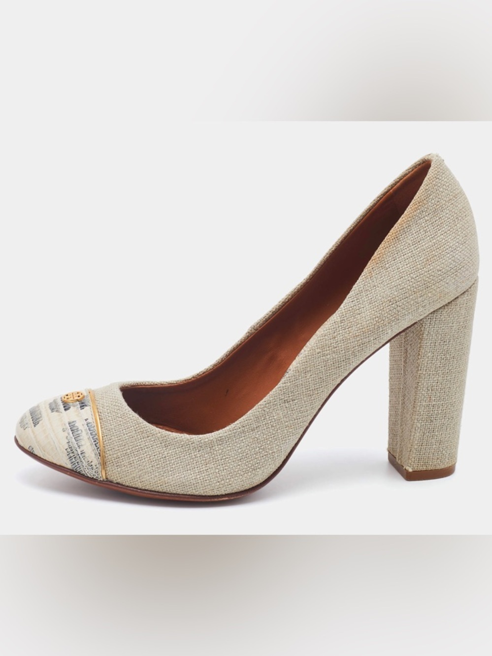 Tory Burch Beige Canvas Block Heel Pumps Size 7.5M Neutral Classic Heels